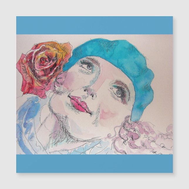Fille avec Béret Rose Rouge Aquarelle Carte magnét (Devant)