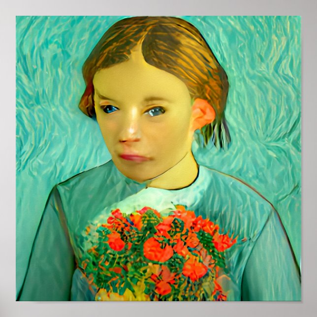 fille avec fleurs en van gogh poster & empreintes (Devant)