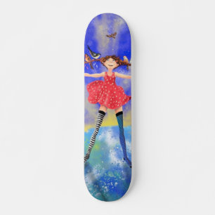 Fille avec les oiseaux Skateboard amis