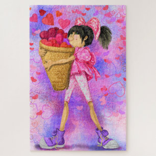 Fille avec panier de coeur Puzzle - Amour