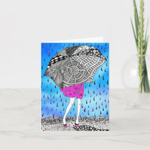 Fille avec parapluie dans la carte de voeux de plu