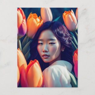 Fille avec tulipes, carte postale pour le post-cro