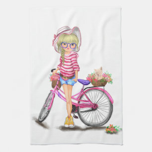 Fille avec Vélo Rose Serviette de cuisine