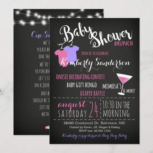 Fille Baby shower Brunch Fun Invitation Moderne (Devant / Derrière)