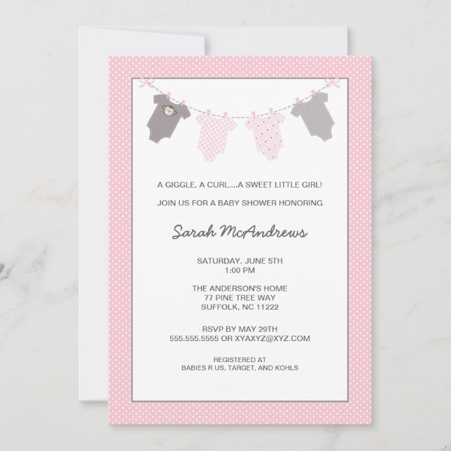Fille Baby shower  gris rose Invitation (Devant)