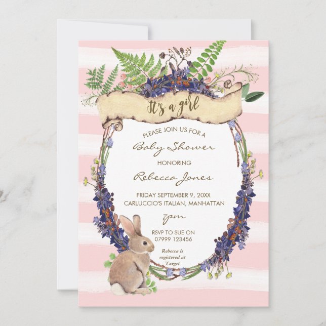 fille baby shower invitation forêt lapin lapin lap (Devant)
