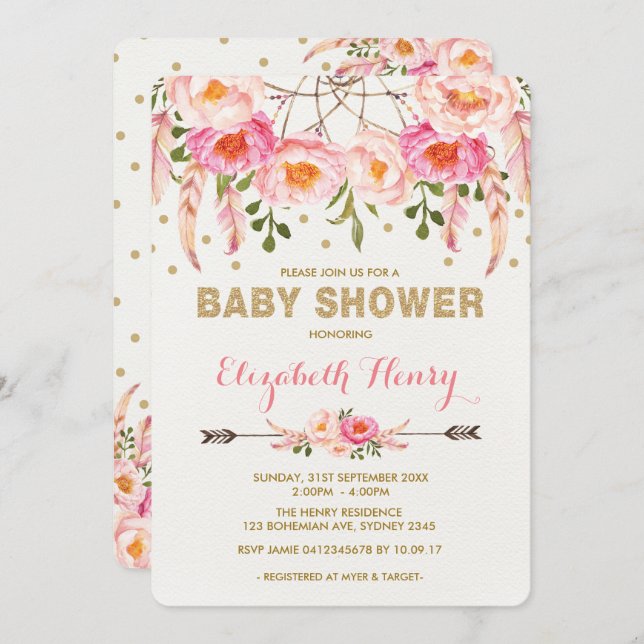 Fille Baby shower Invitation Rose or Boho Fleurs (Devant / Derrière)