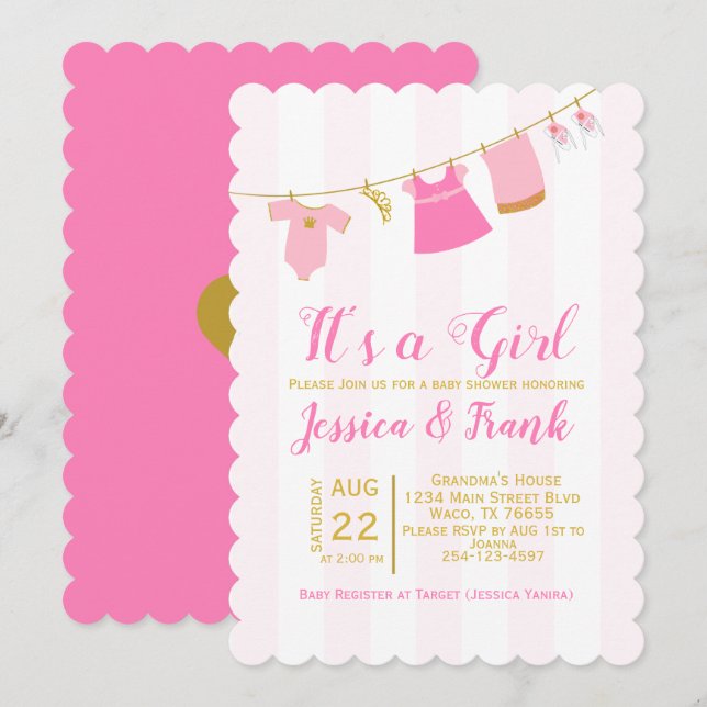 Fille Baby shower Vêtements Ligne Invitation (Devant / Derrière)