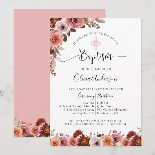 Fille Baptême Blush rose Floral Invitation (Devant / Derrière)