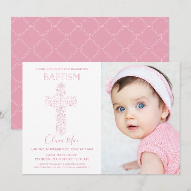 Fille Baptême, Invitation Christening avec Photo (Devant / Derrière)