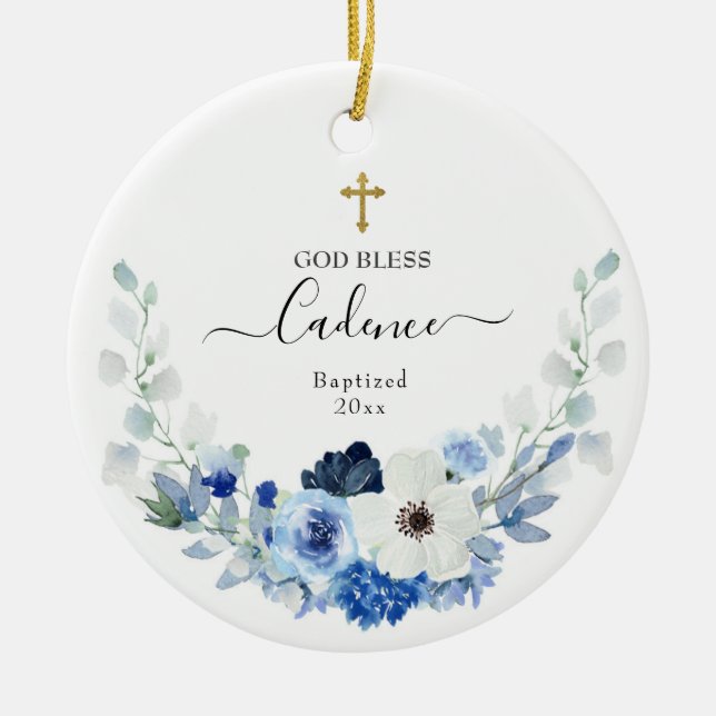 Fille Blanc bleu Floral Baptisé Ornement en cérami (Devant)