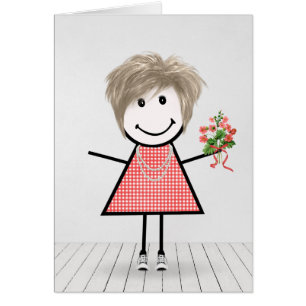 Fille bonhomme allumette avec bouquet d'anniversai