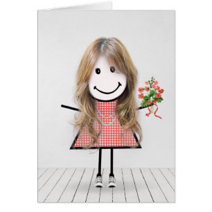 Fille bonhomme allumette avec bouquet d'anniversai