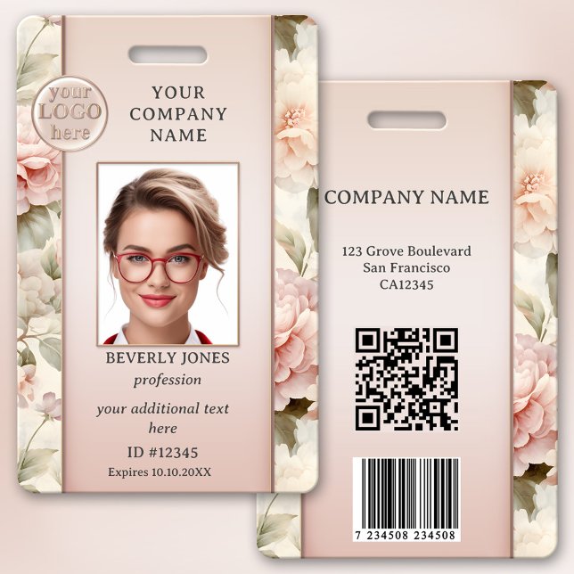 Fille Chic Rose Floral Employé Photo ID Badge (Girly chic professional photo ID badge with your custom photo and logo on a floral pink background)