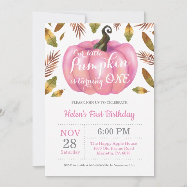 Fille Citrouille premier anniversaire Invitation r (Devant)