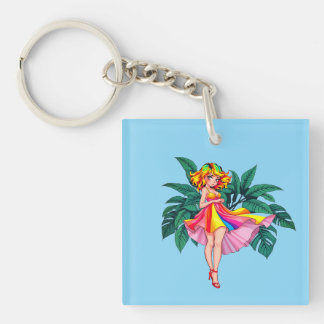 Fille d'anime tropical en robe noire Carré Acryliq