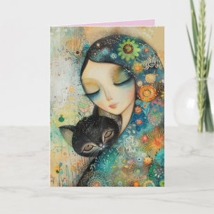 FILLE D'ANNIVERSAIRE FILLE ET CHAT CARTE DE SALUT