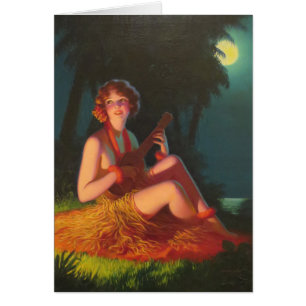 Fille dans le clair de lune avec l'ukulélé de