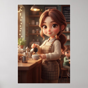 Fille de Café Cosy – Affiche d'Art au Café Chaud