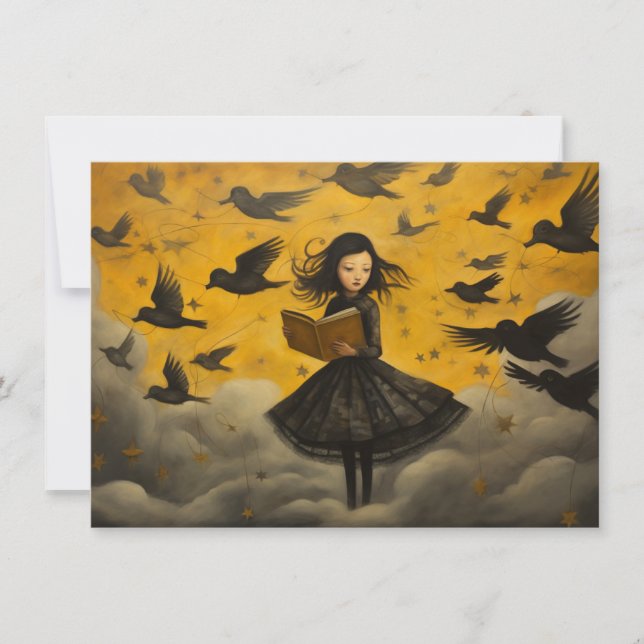 Fille de lecture avec carte postale d'oiseau volan (Devant)