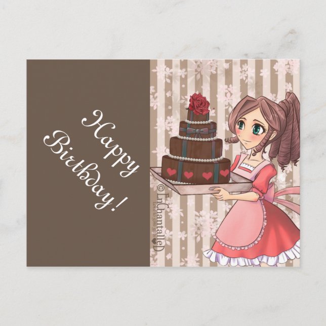 Fille de manga avec gâteau au chocolat - cartes (Devant)