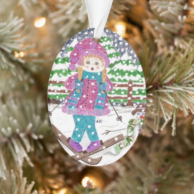 Fille de ski ornement de Noël acrylique ovale (Arbre)