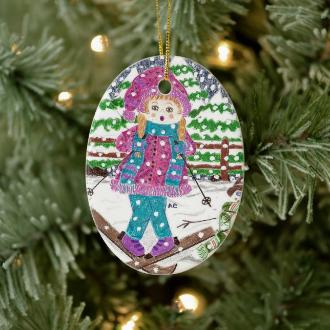 Fille de ski ornement de Noël en céramique ovale (Arbre)