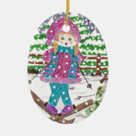 Fille de ski ornement de Noël en céramique ovale