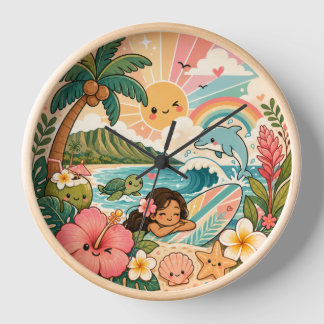 Fille de surf Hawaï Kawaii horloge tropicale migno
