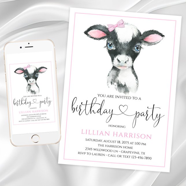 Fille de vache ferme Anniversaire fêtes Invitation (Girl cow birthday party invitations with adorable calf. Digital files and printed are available.)