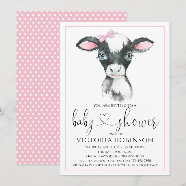 Fille de vache ferme bébé douche Invitations (Devant / Derrière)