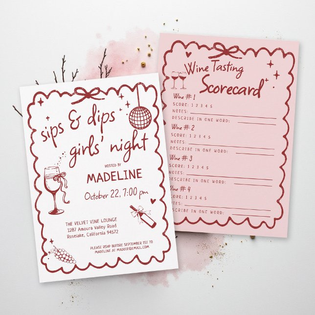 Fille de vignoble Soirée entre filles Carte de sco (winery girls night out invitation wine tasting scorecard red burgundy pink napa sonoma country)
