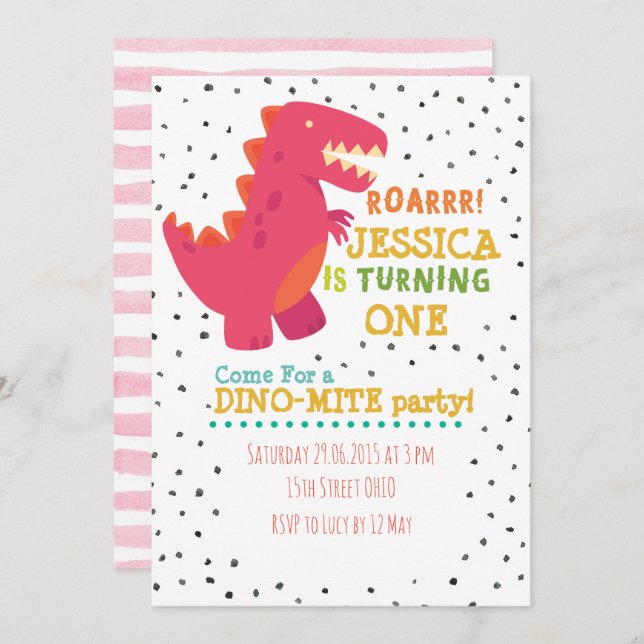 Fille Dino Invitation de fête d'anniversaire (Devant / Derrière)