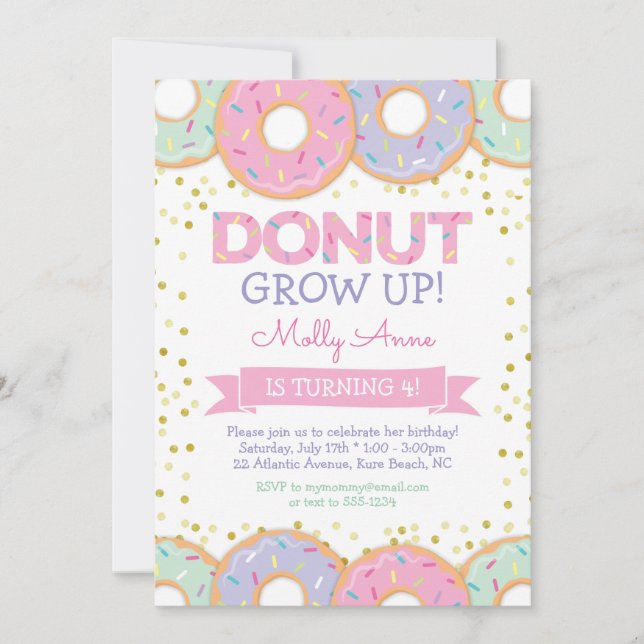 Fille Donut Rose Invitation Anniversaire Gold Spri (Devant)