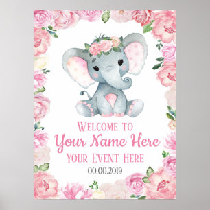 Fille Eléphant Affiche de bienvenue bébé Roses Flo