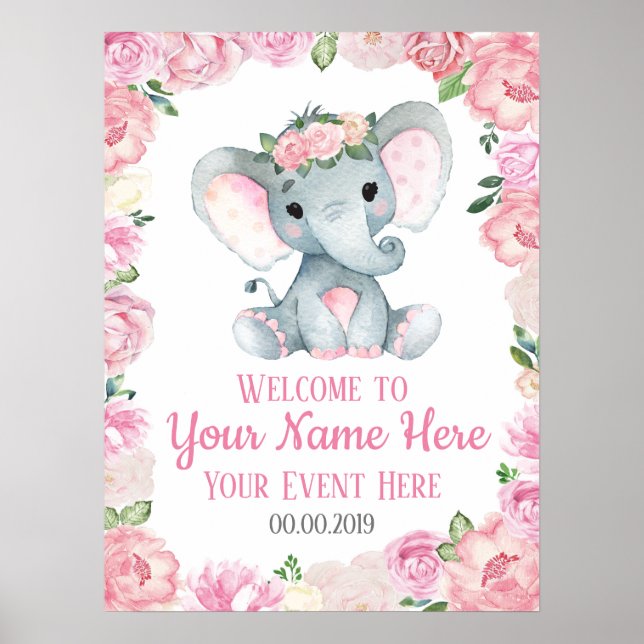 Fille Eléphant Affiche de bienvenue bébé Roses Flo (Devant)