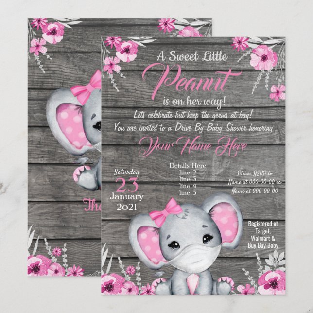Fille Elephant Drive Par Baby shower Invitation ro (Devant / Derrière)