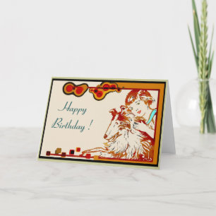 Fille et sa carte d'anniversaire de Sheltie