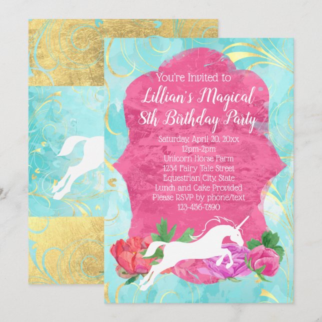Fille Fleur Unicorne Anniversaire Fête Invitation (Devant / Derrière)