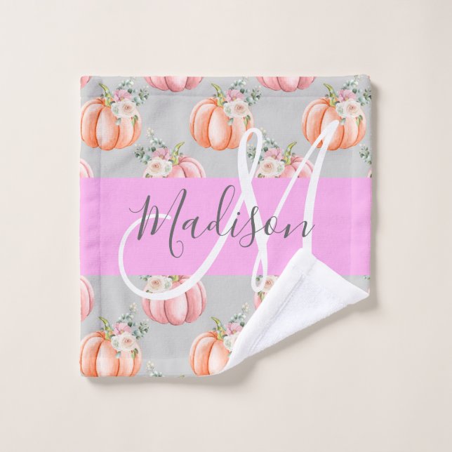 Fille Floral Gris rose Pêche Citrouille Nom (Gant de toilette)