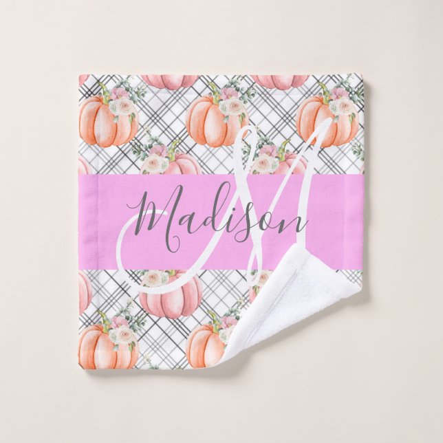 Fille Floral Gris rose Pêche Citrouille Nom (Gant de toilette)