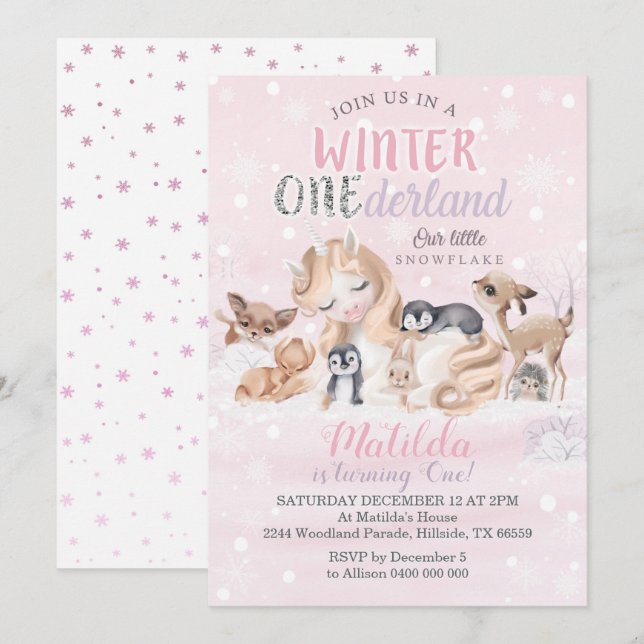 Fille Hiver Onederland Invitation Fléaux de neige (Devant / Derrière)