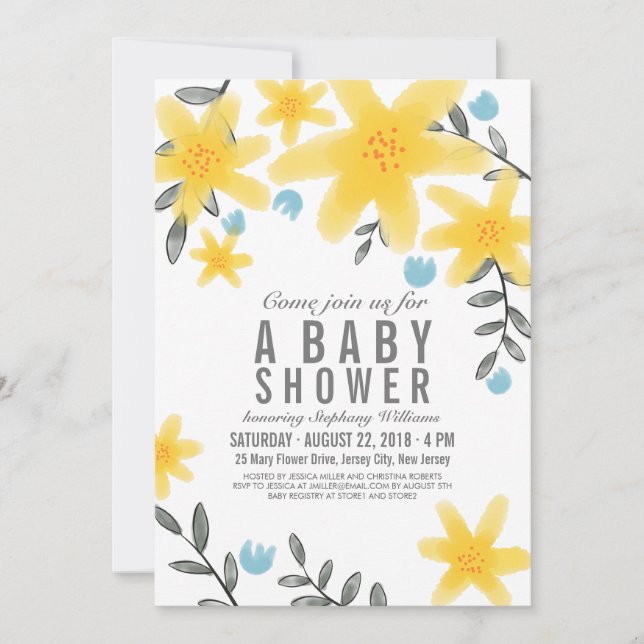 Fille Invitation de Baby shower jaune tropical (Devant)