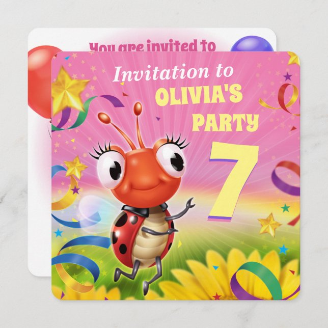 Fille invitation de fête d'anniversaire de 7 ans (Devant / Derrière)