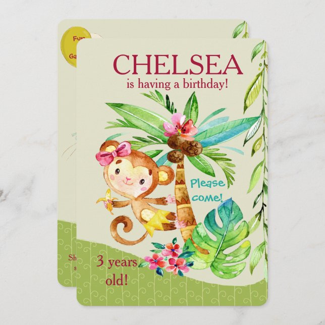 Fille Joyeux Singe Invitation d'anniversaire (Devant / Derrière)