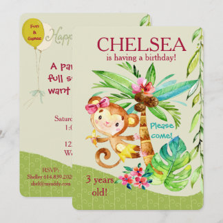 Fille Joyeux Singe Invitation d'anniversaire