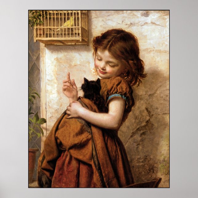 Fille, Kitty Chat et Poster vintage d'oiseaux Impr (Devant)