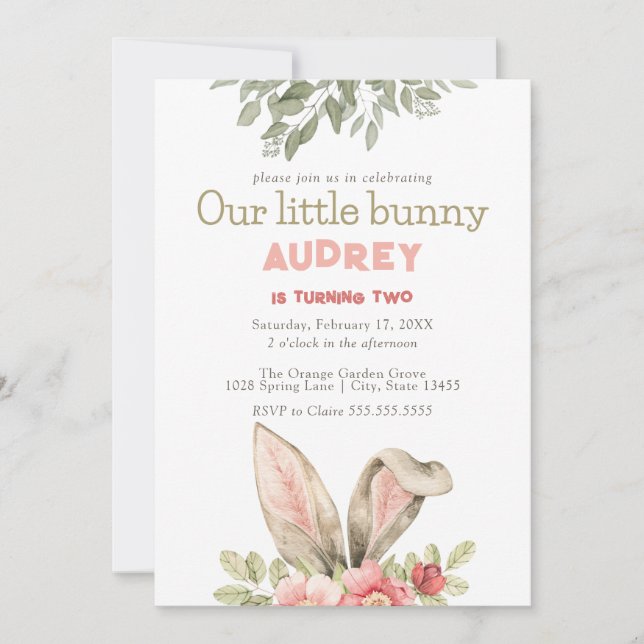 Fille Lapin Rose Floral Invitation Anniversaire (Devant)