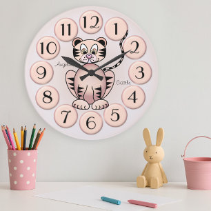 Fille mignonne Tigre rose Princesse Horloge murale