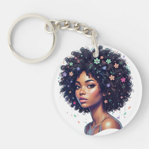 Fille noire fantaisiste avec afro orné de fleurs
